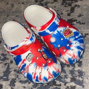 Red white and blue tie dye crocs + jibbitz